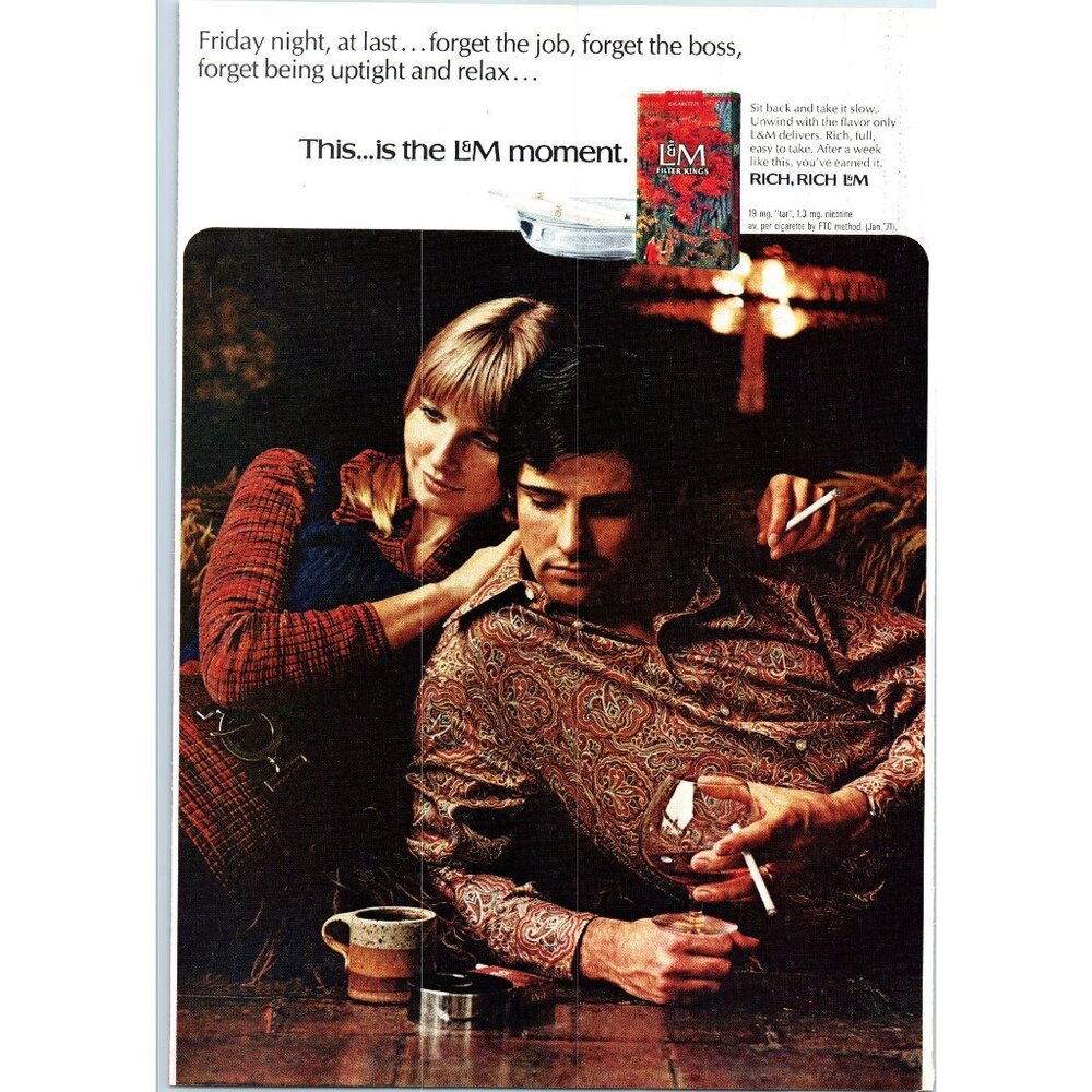 1971 L&M Cigarettes Vintage Print Ad Brandy Snifter Hull Pottery Mug 70s Fashion